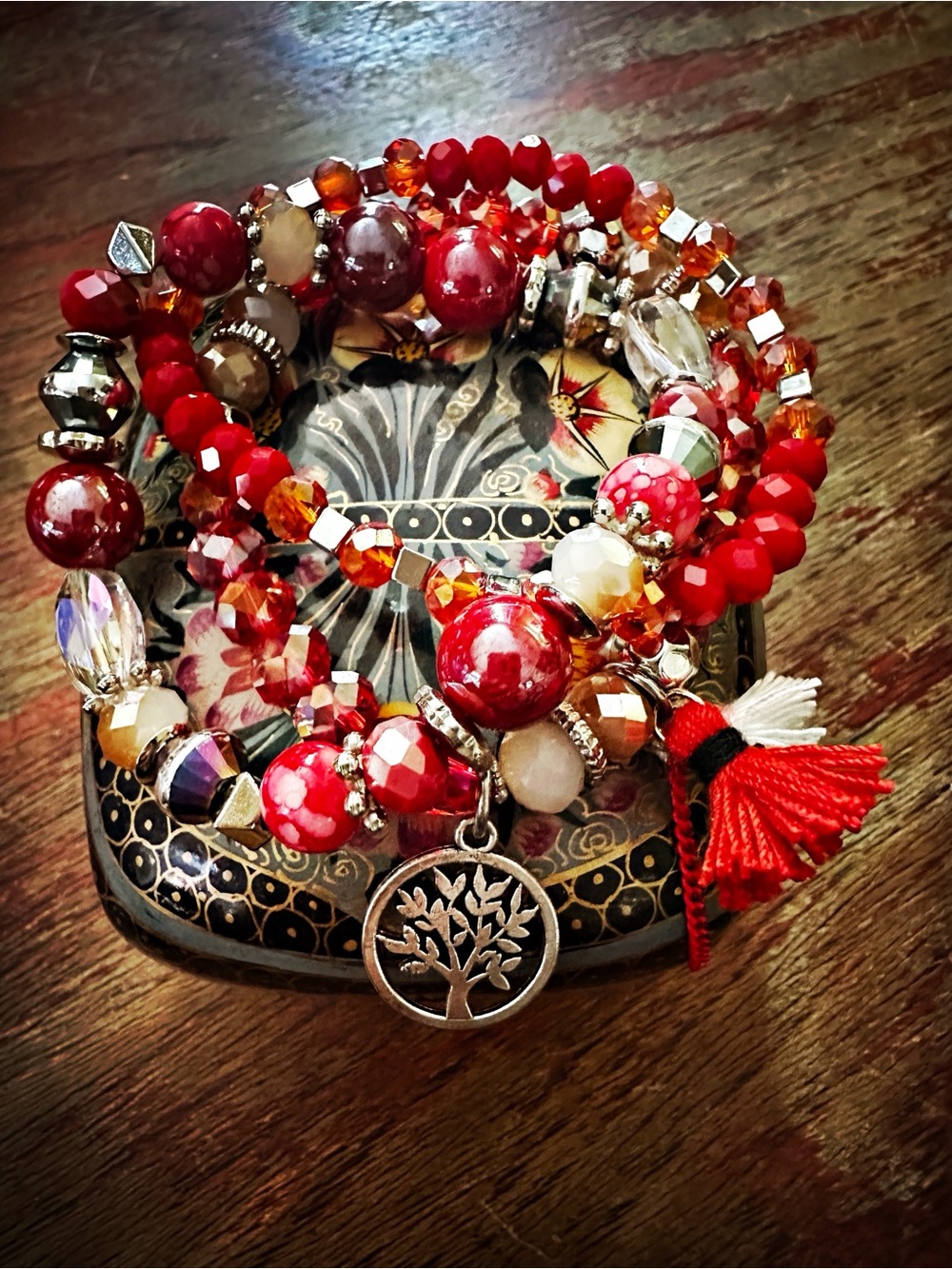 Red Crystal Bracelet Trio. Tree charm